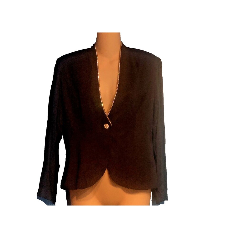 Vintage 1980s JR Nites Petites M Dress Jacket Navy Rhinestone Trim Shoulder Pads - Picture 4 of 9